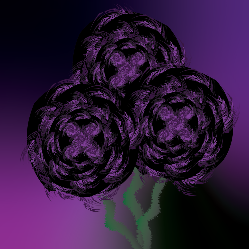 A bunch of purple and black swirls forming eerie-y flowers on a black and purple background